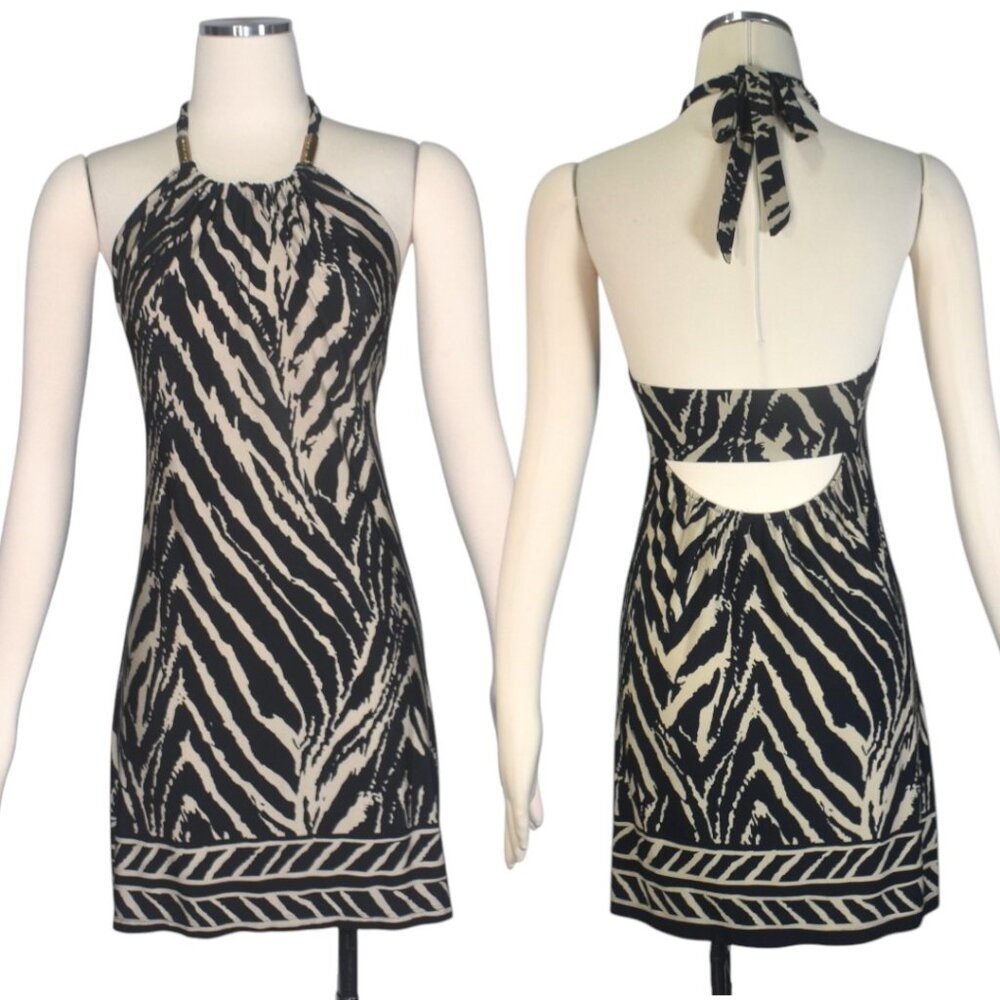 Vintage Cache Halter Mini Dress Y2k 2000's Zebra Animal Print Metal Accents S